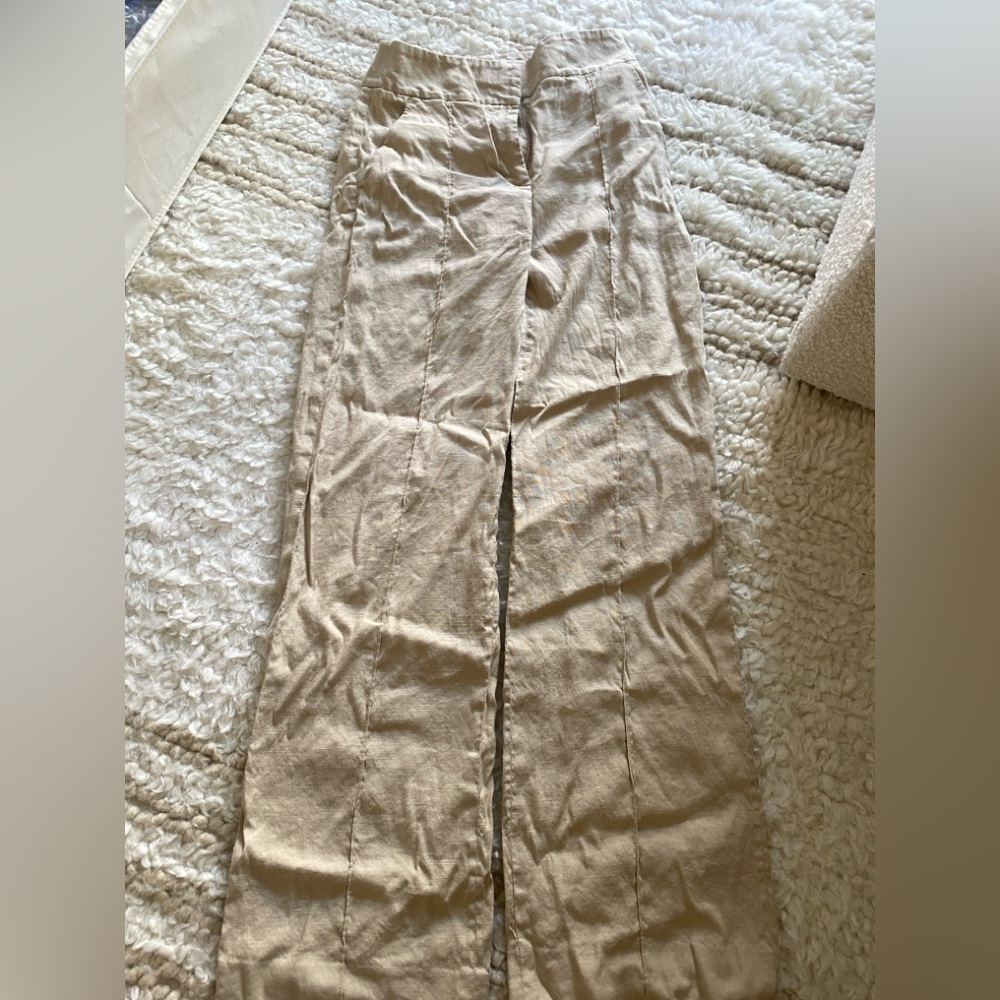 Veronica Beard Linen Wide-Leg Trouser Beige Tan Size 4 High Rise Tailored Design